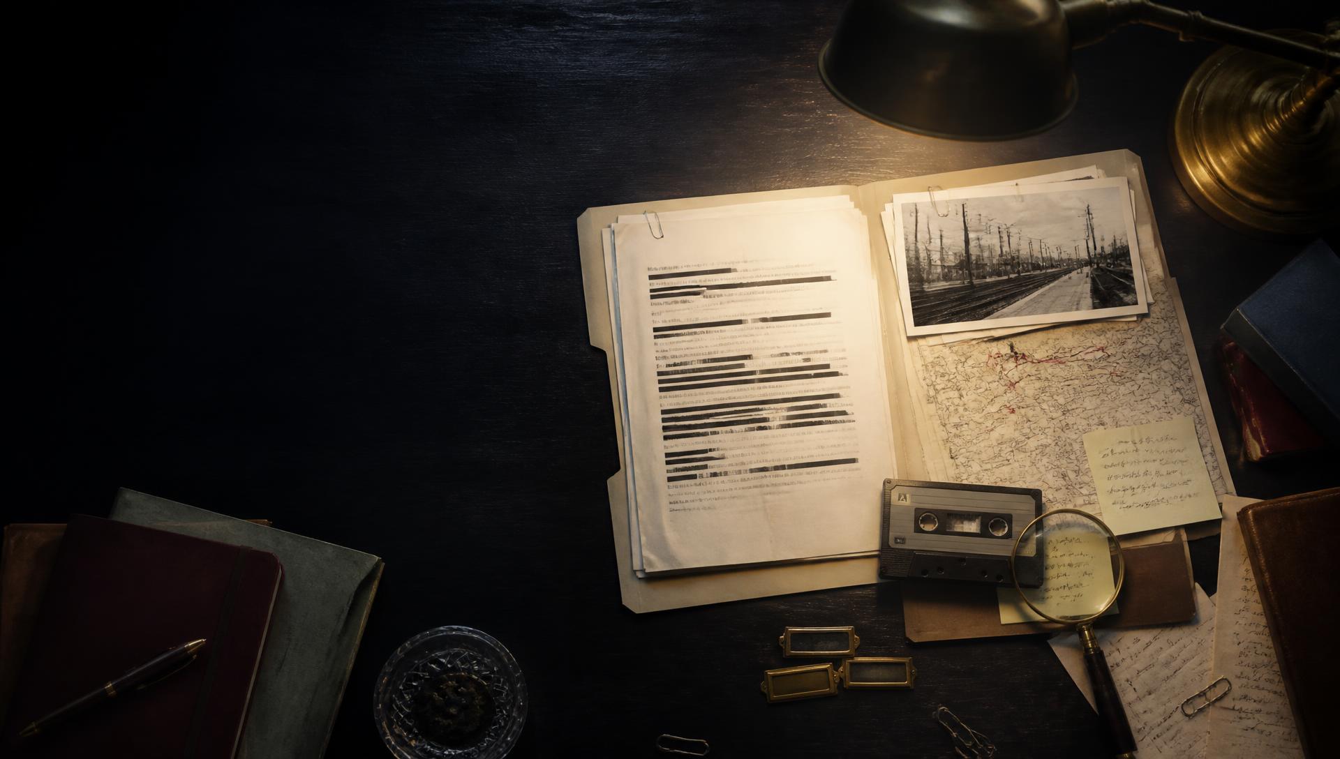 An open cold-case file surrounded by a railway photograph, map, cassette and handwritten notes