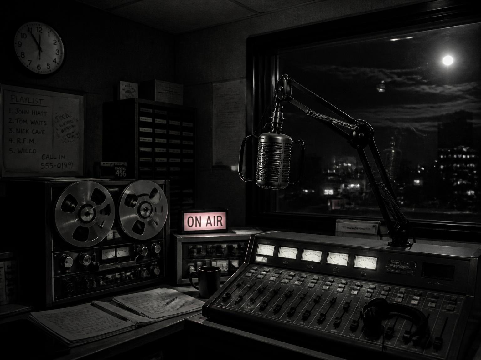 A darkened radio studio and mixing desk